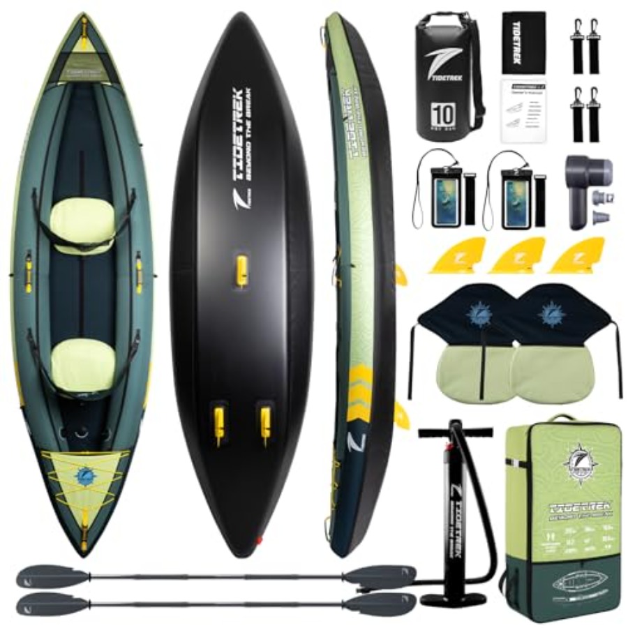 Fishing Kayak Inflatable - เรือคายัคเป่าลมสำหรับการท่องเที่ยวในทะเลสาบ แม่น้ำ และตกปลา วัสดุพีวีซี สีฟ้าและสีเทา น้ำหนักเบา